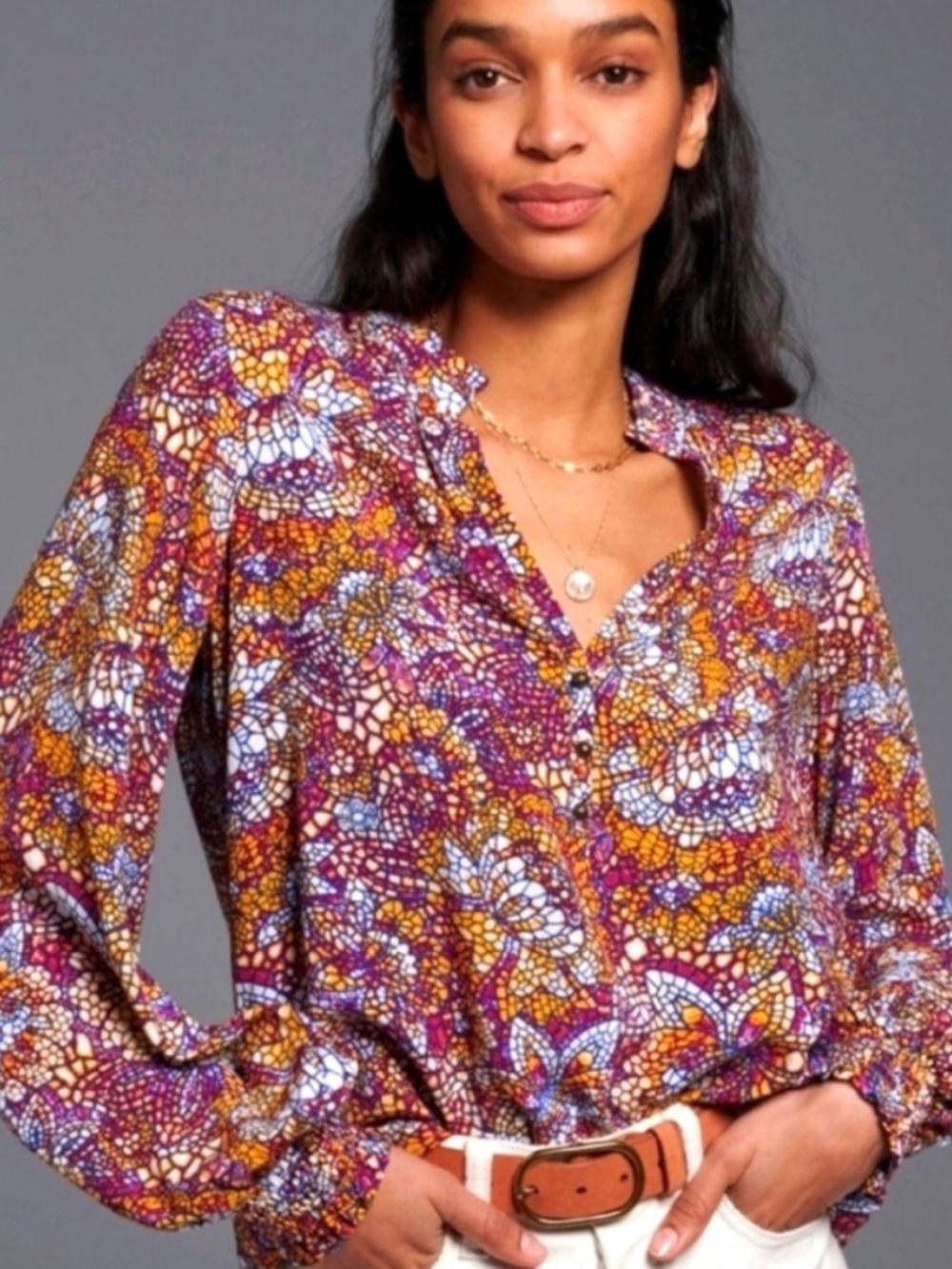 Maeve | Anthropologie | Kaleidoscope Blouson Sleeve V Neck Top 
Boho Colorful XL
